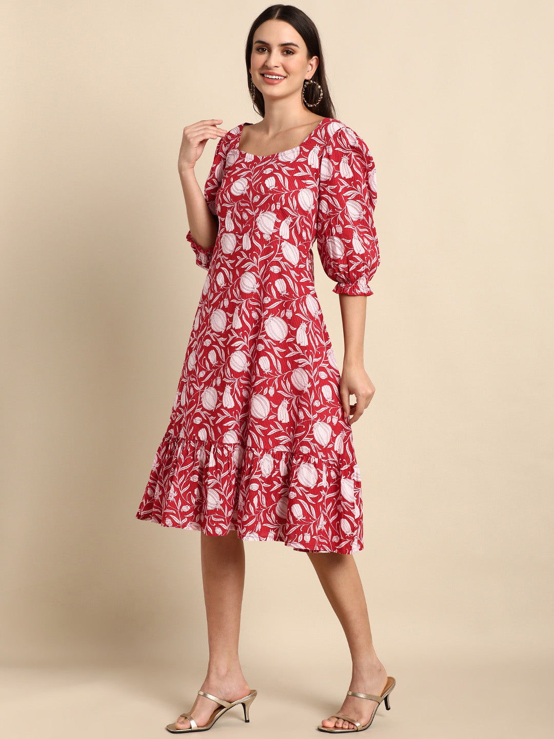 Women's Floral Printed Red Cotton Dress - Janasya