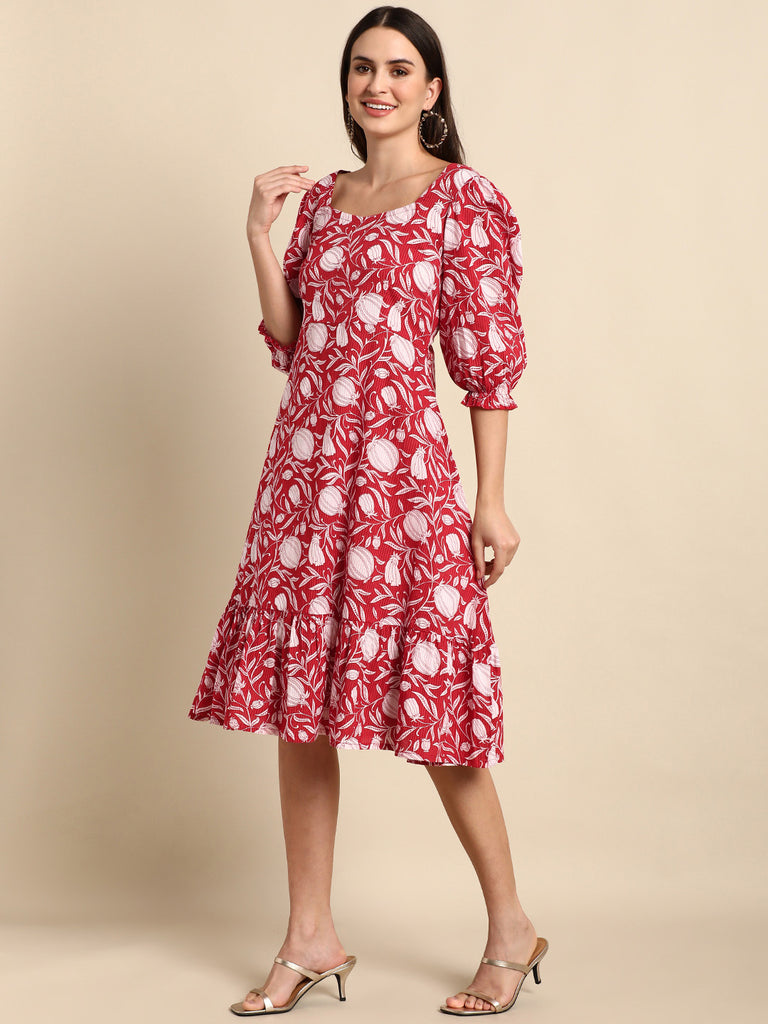 Women's Floral Printed Red Cotton Dress