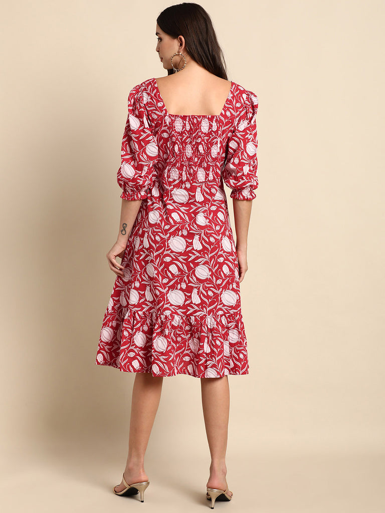 Women's Floral Printed Red Cotton Dress