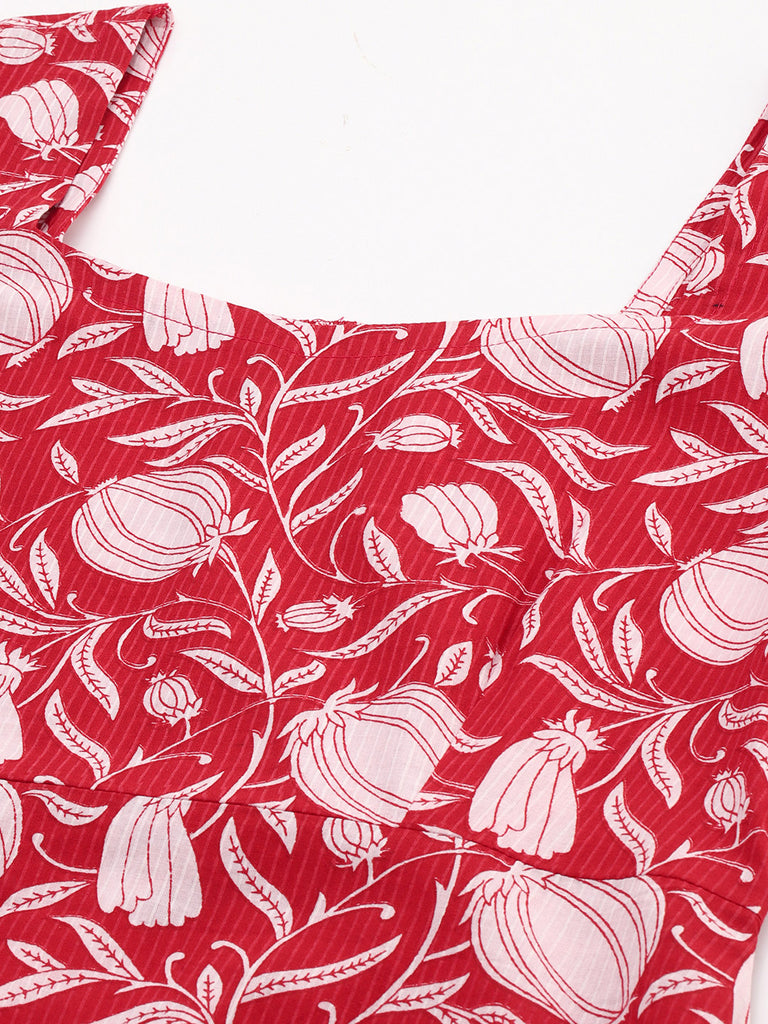 Women's Floral Printed Red Cotton Dress