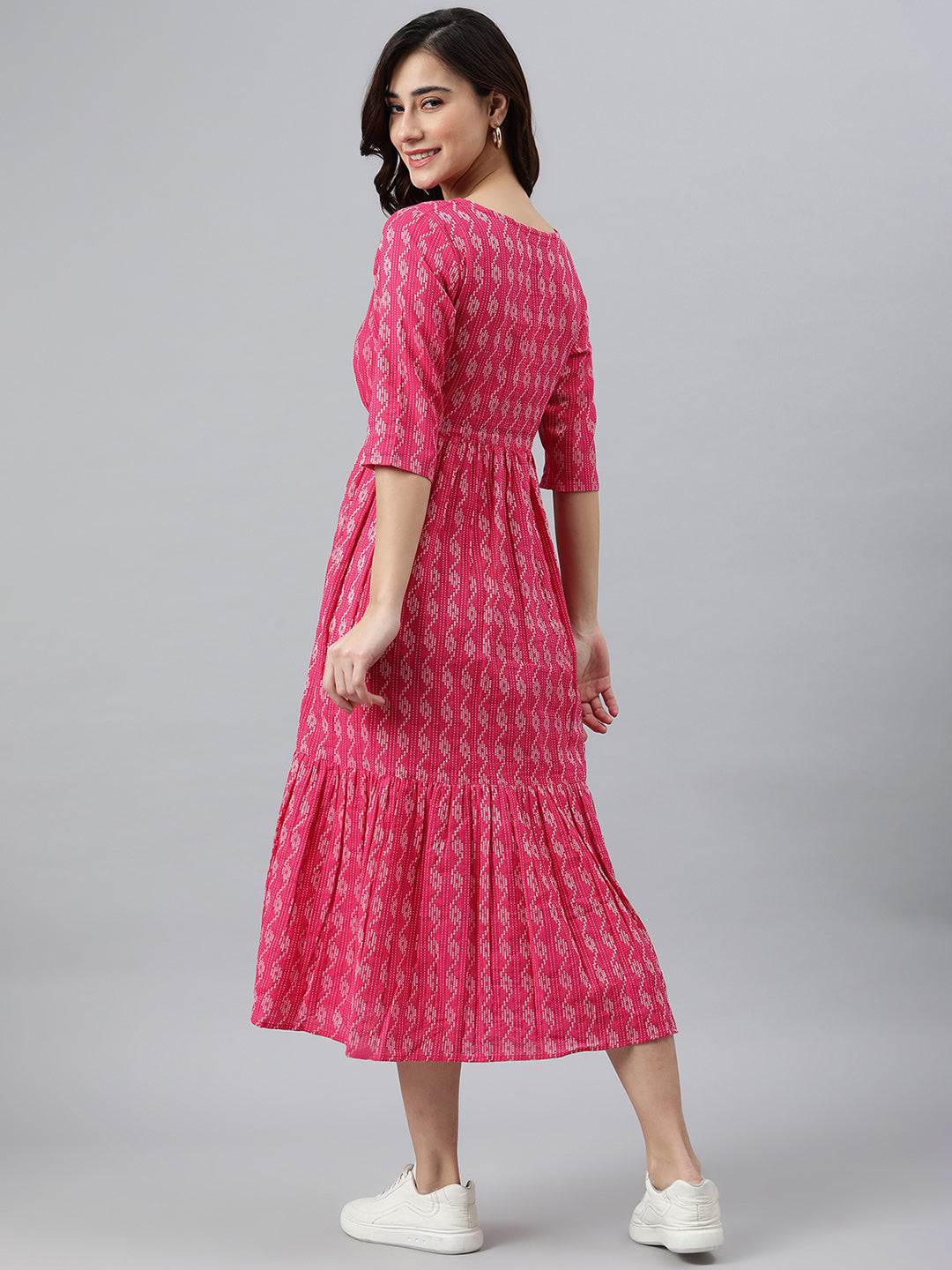 Women's Woven Design Pink Cotton Dress - Janasya