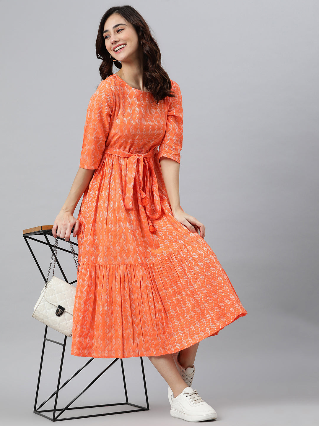 Women's Woven Design Orange Cotton Dress - Janasya