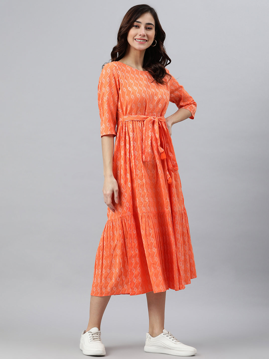 Women's Woven Design Orange Cotton Dress - Janasya