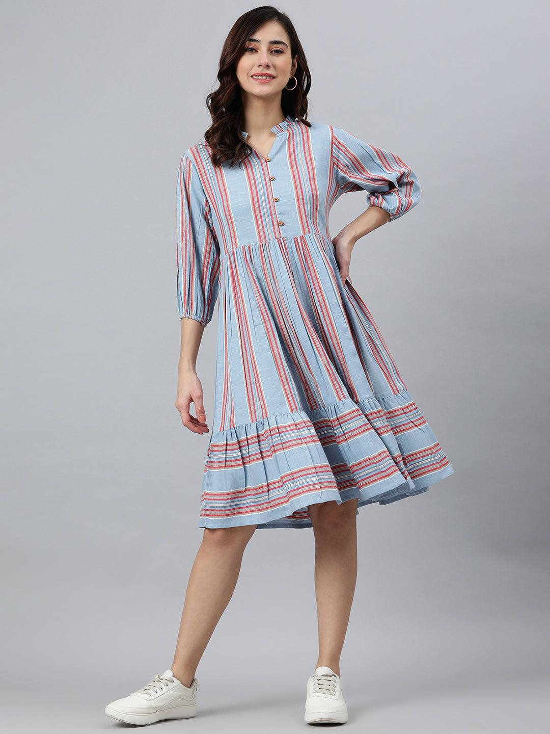 Women's Striped Sky Blue Cotton Blend Dress - Janasya