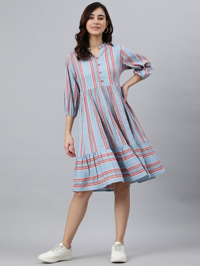 Women's Striped Sky Blue Cotton Blend Dress