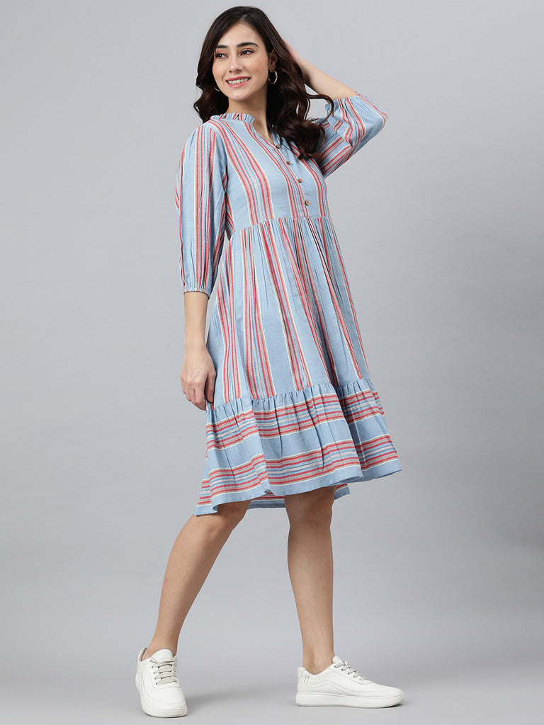 Women's Striped Sky Blue Cotton Blend Dress