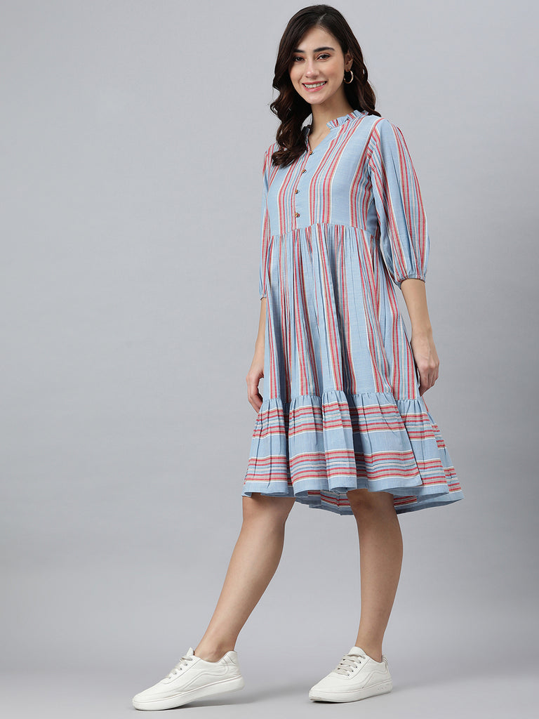 Women's Striped Sky Blue Cotton Blend Dress