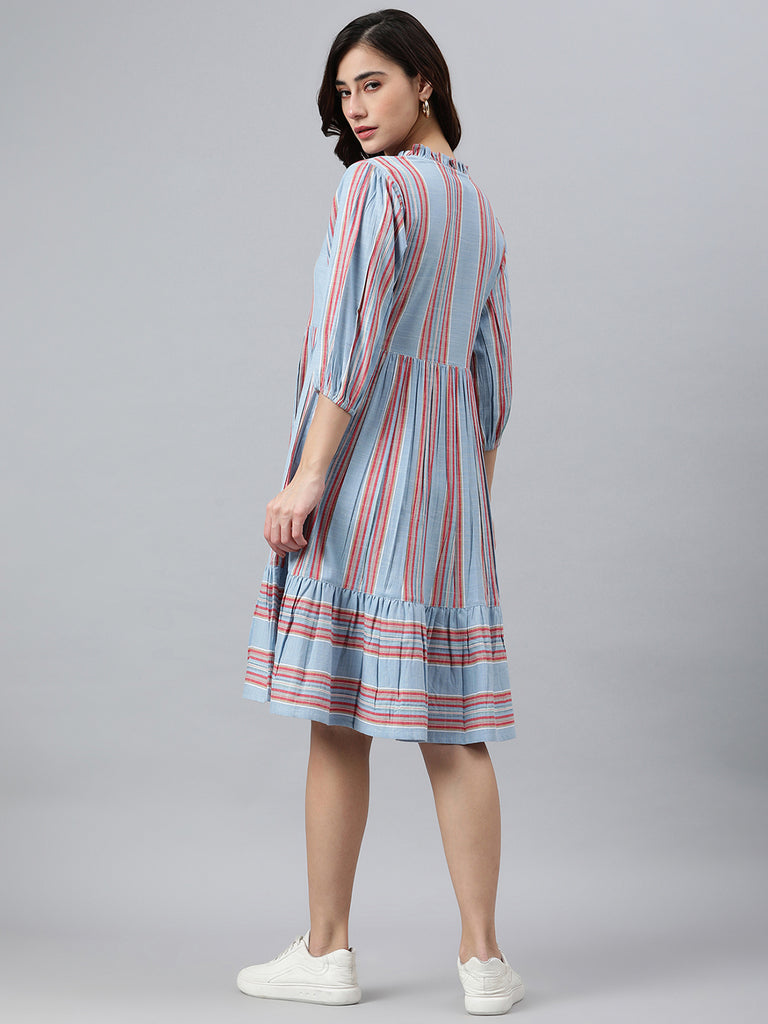 Women's Striped Sky Blue Cotton Blend Dress