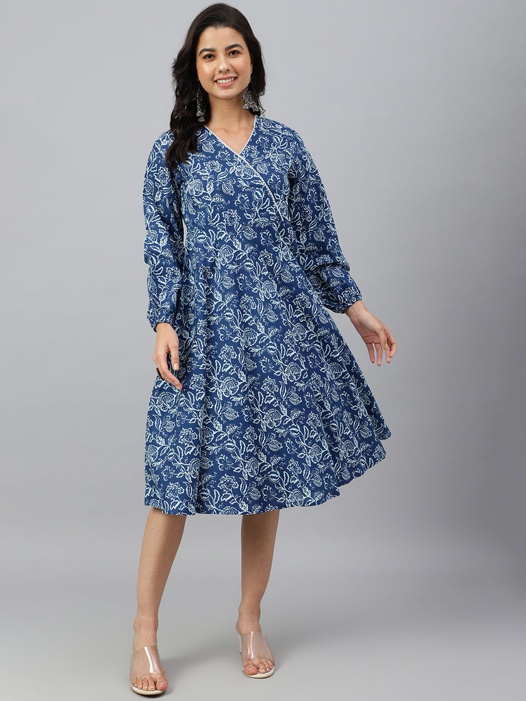 Women's Floral Printed Navy Blue Cotton Dress