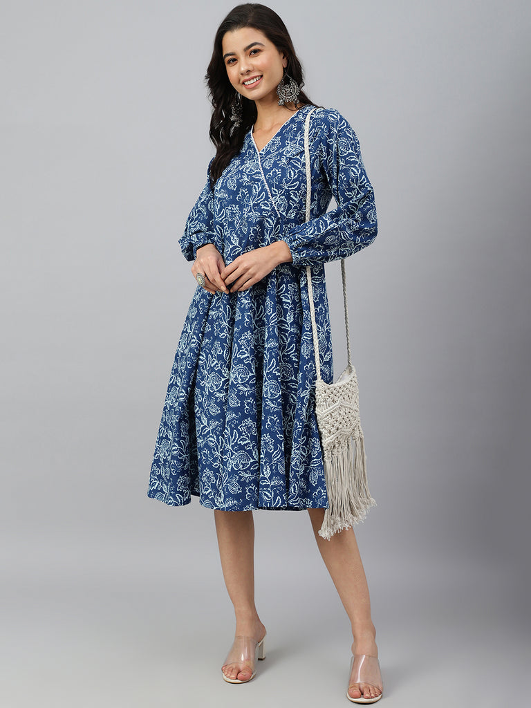 Women's Floral Printed Navy Blue Cotton Dress