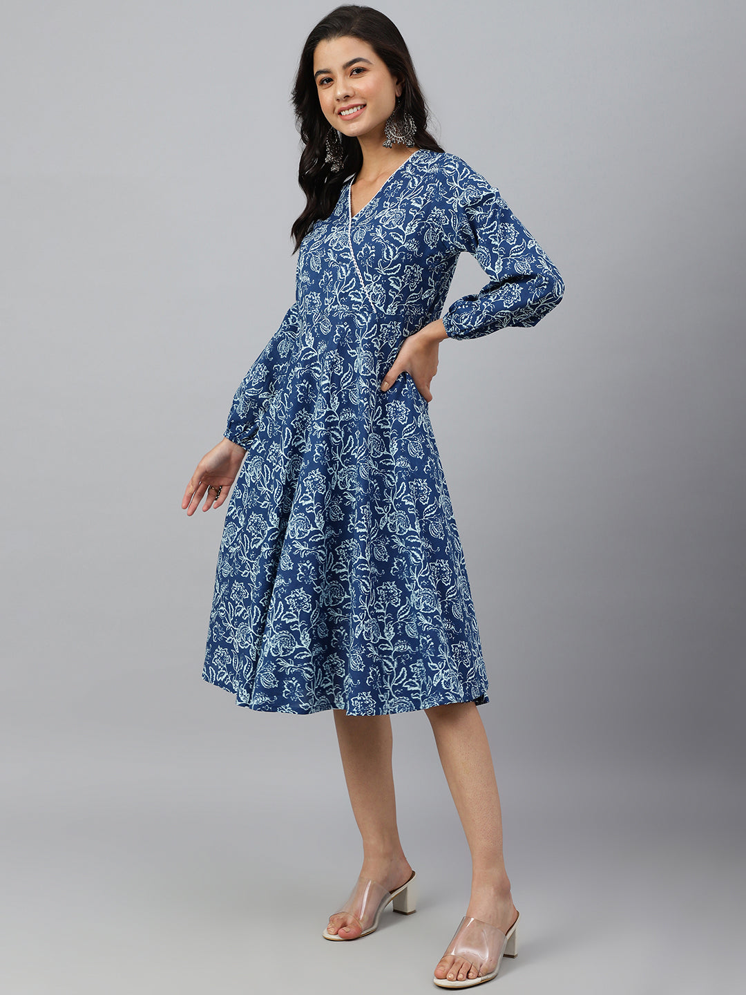 Women's Floral Printed Navy Blue Cotton Dress - Janasya