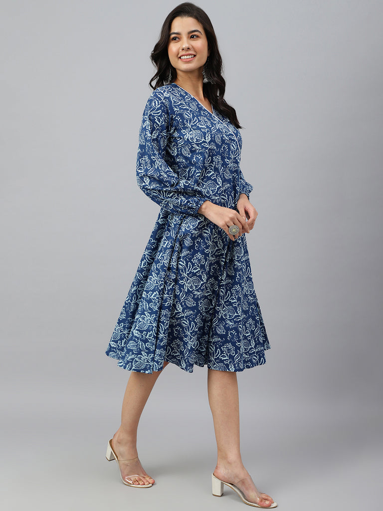 Women's Floral Printed Navy Blue Cotton Dress