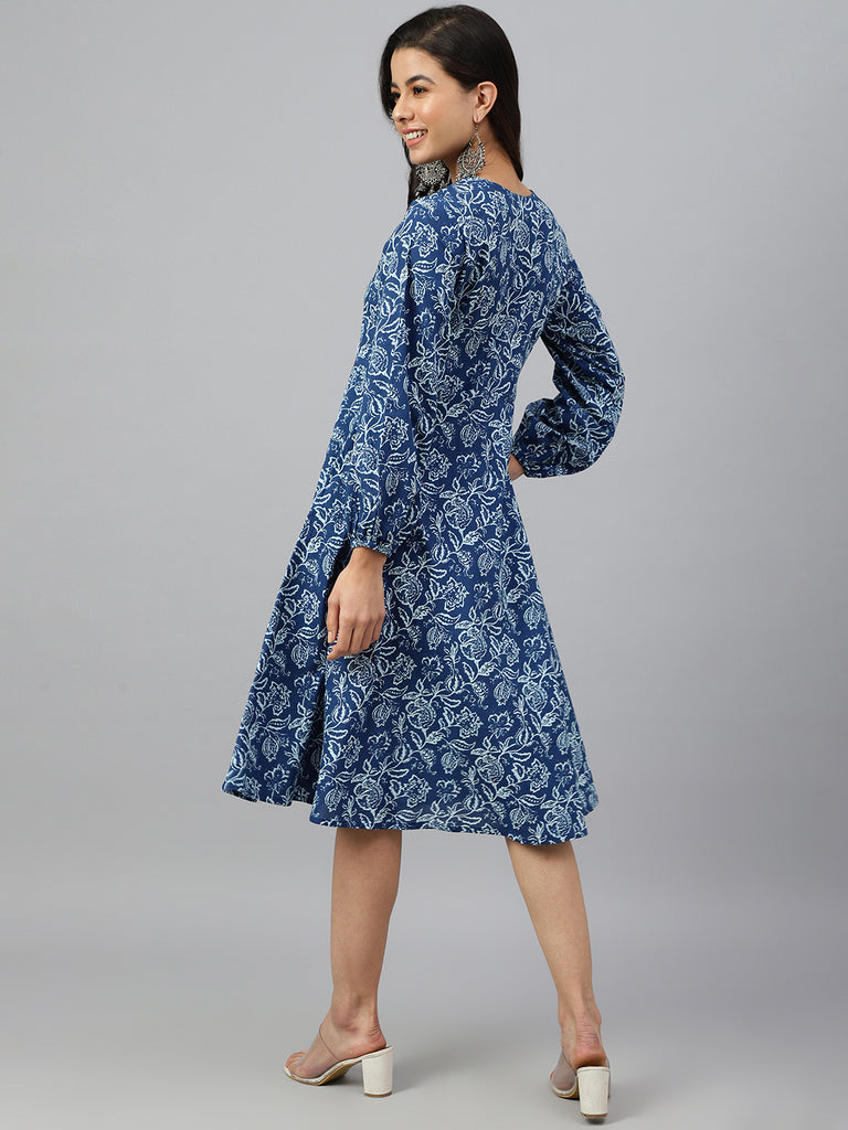 Women's Floral Printed Navy Blue Cotton Dress
