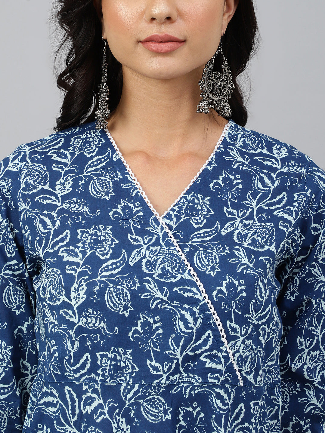 Women's Floral Printed Navy Blue Cotton Dress - Janasya