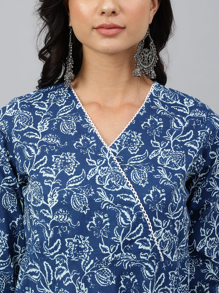 Women's Floral Printed Navy Blue Cotton Dress