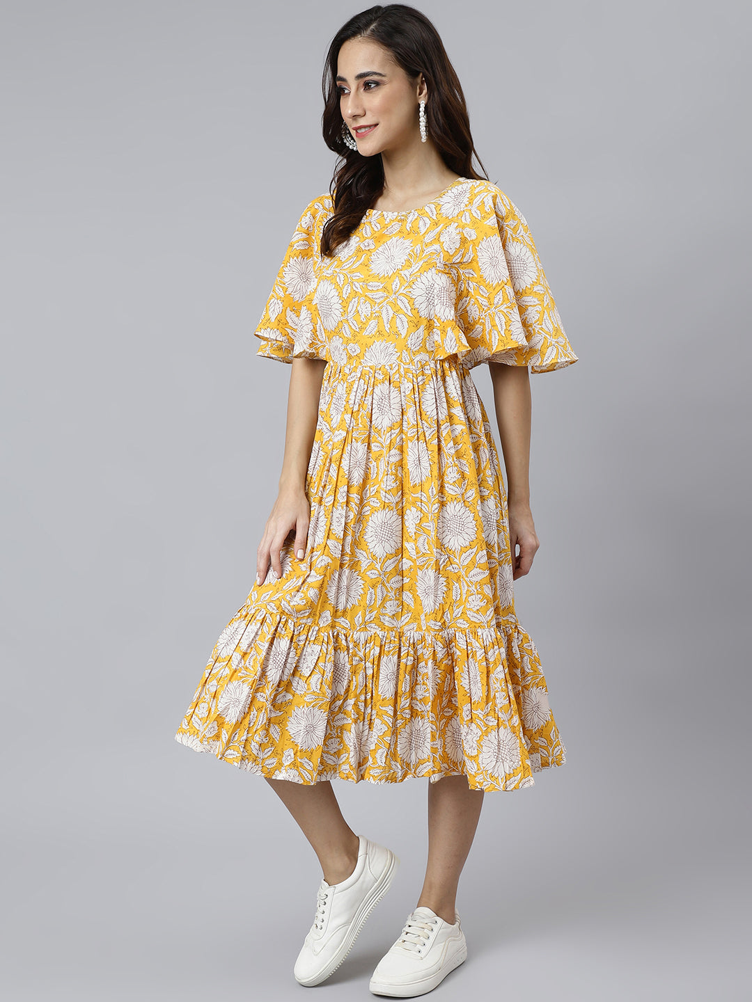 Women's Floral Printed Yellow Cotton Dress - Janasya