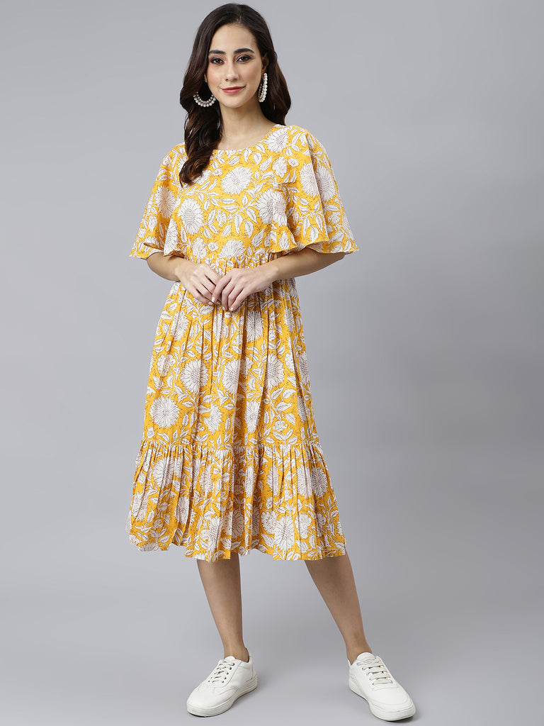 Women's Floral Printed Yellow Cotton Dress