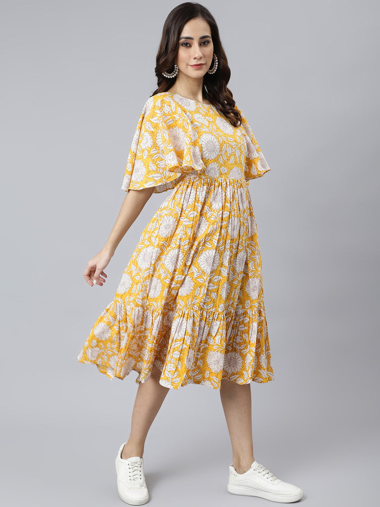 Women's Floral Printed Yellow Cotton Dress
