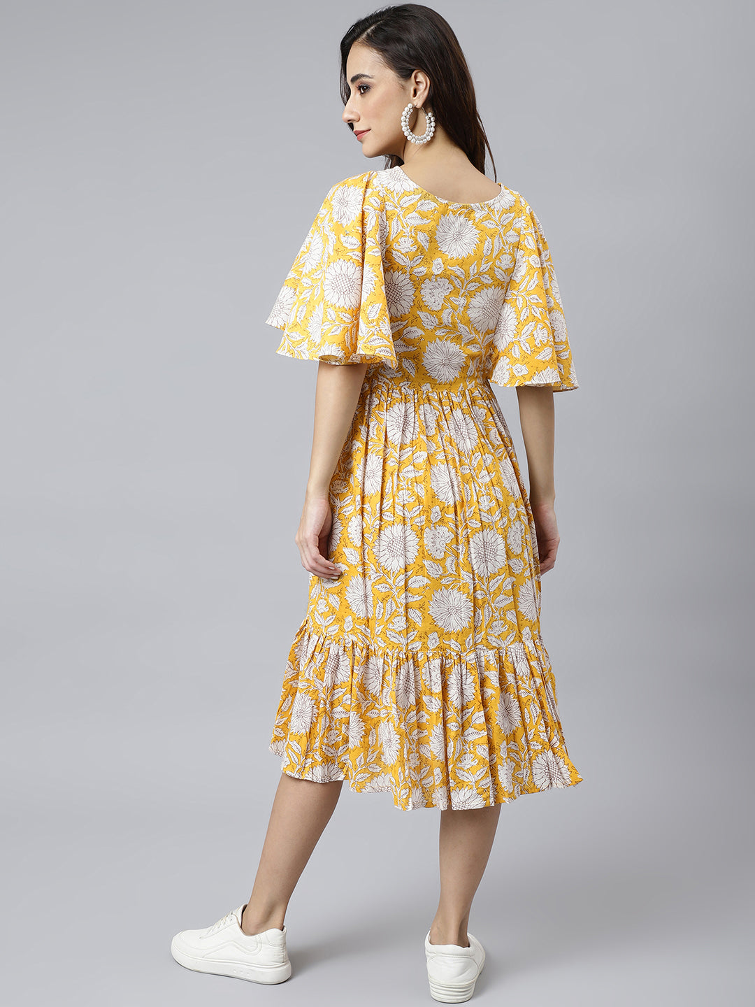 Women's Floral Printed Yellow Cotton Dress - Janasya