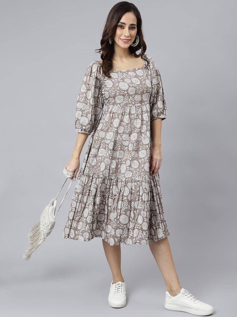 Women's Floral Printed Grey Cotton Dress