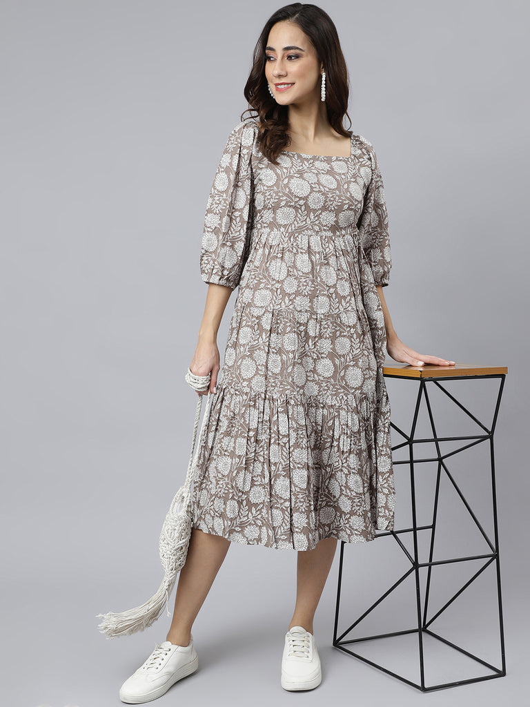 Women's Floral Printed Grey Cotton Dress