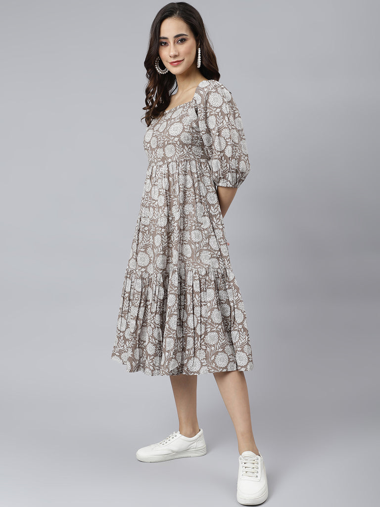 Women's Floral Printed Grey Cotton Dress