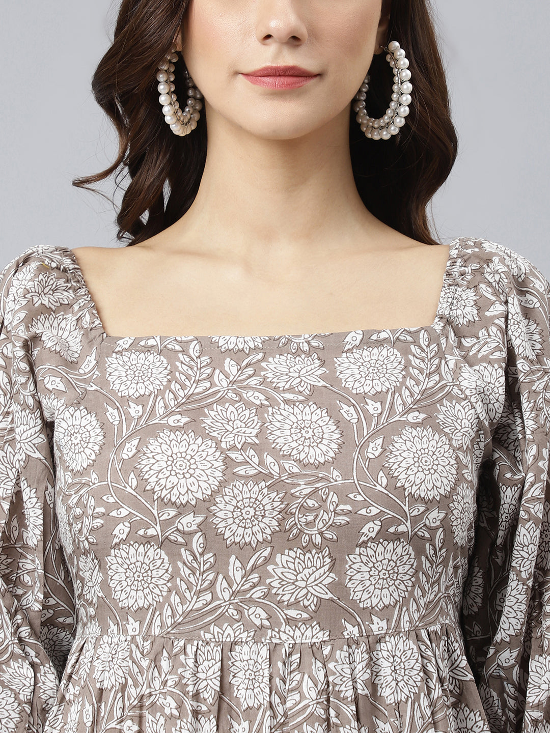 Women's Floral Printed Grey Cotton Dress - Janasya