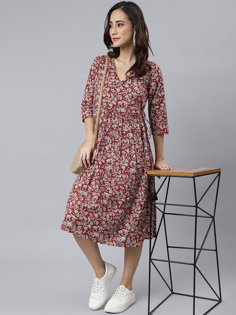 Women's Floral Printed Maroon Cotton Dress