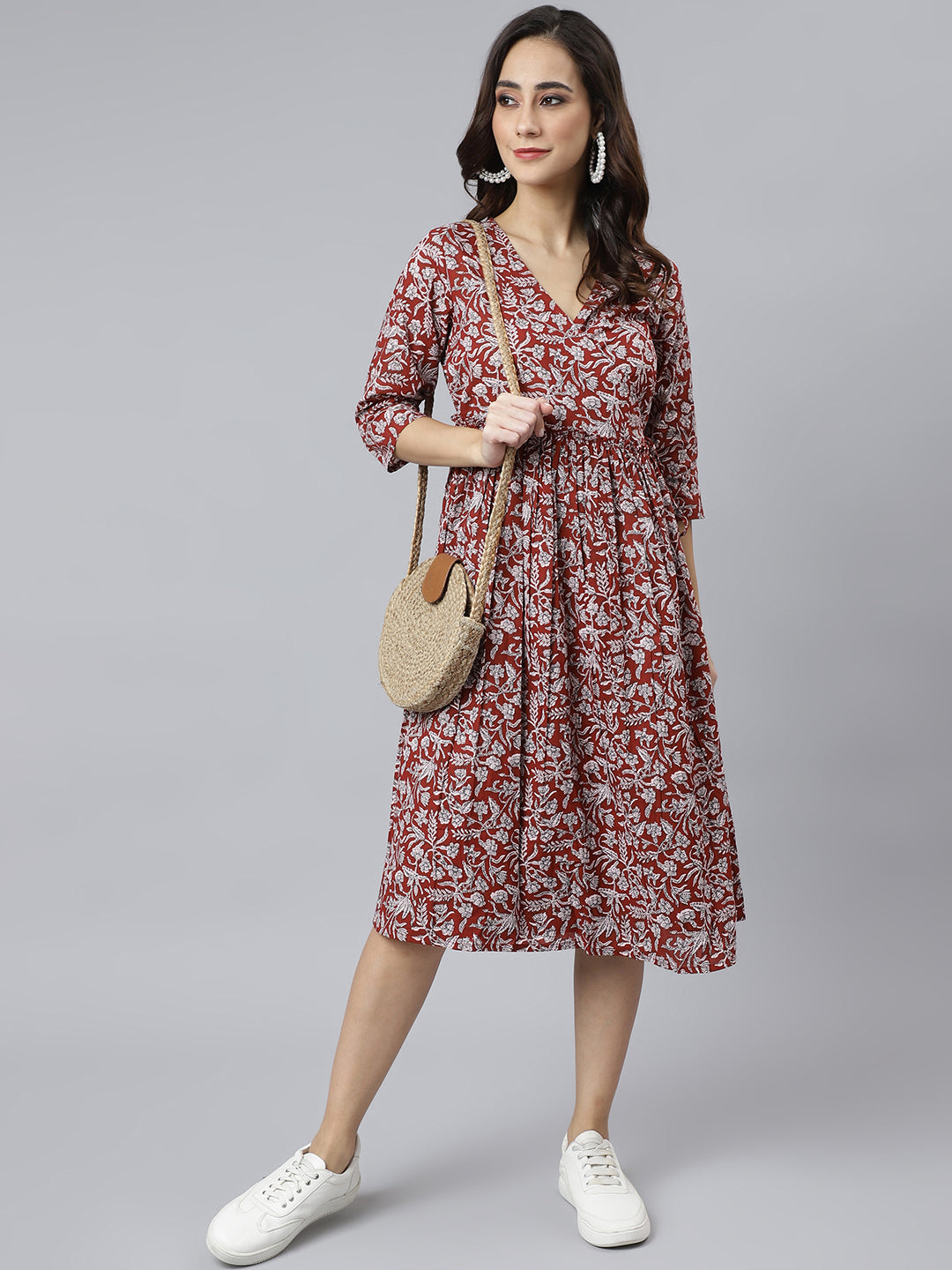 Women's Floral Printed Maroon Cotton Dress Maroon / S | Trendia Global Women's Floral Printed Maroon Cotton Dress Maroon / S | Trendia Global
