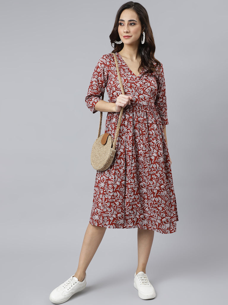 Women's Floral Printed Maroon Cotton Dress