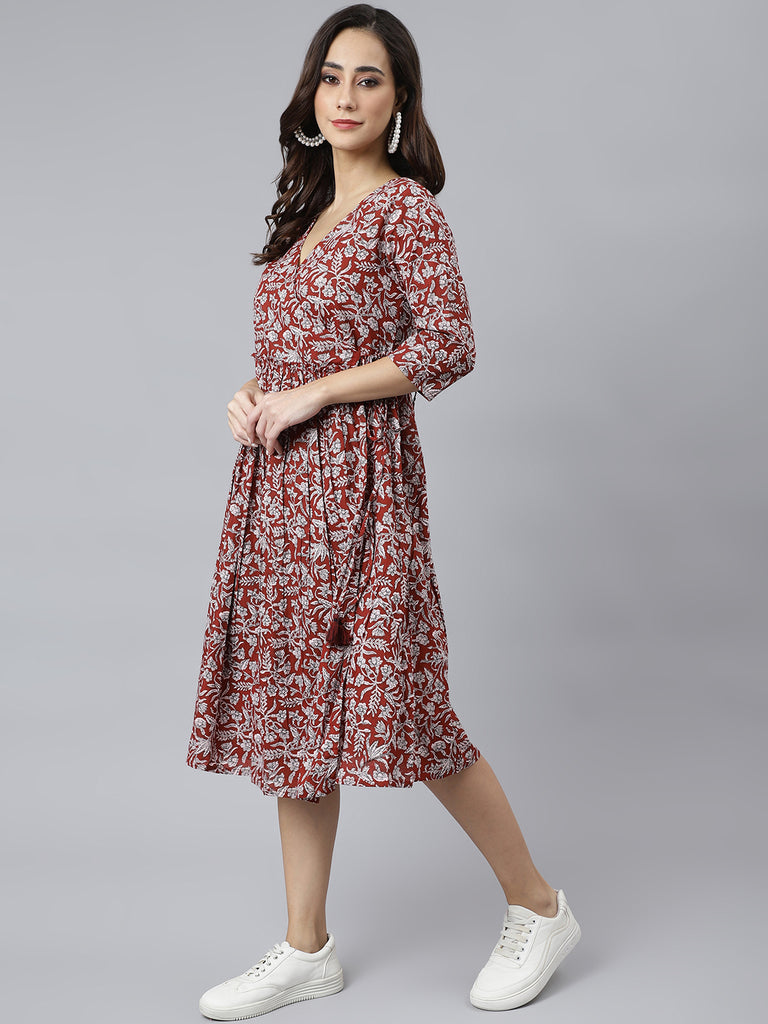 Women's Floral Printed Maroon Cotton Dress