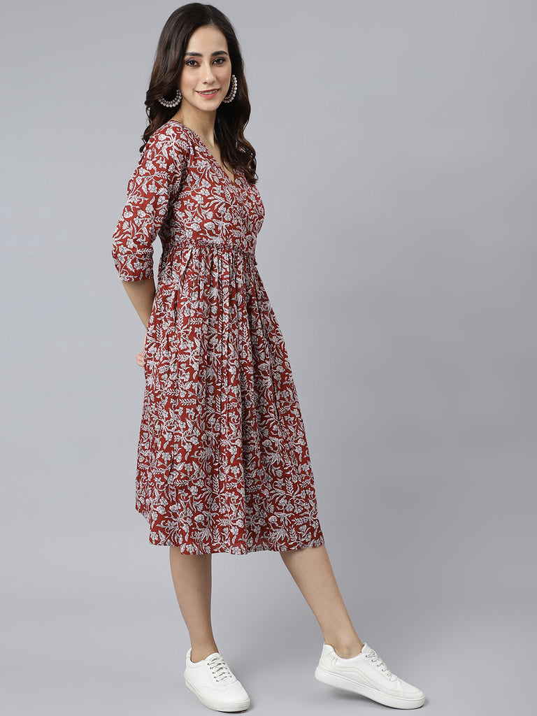 Women's Floral Printed Maroon Cotton Dress
