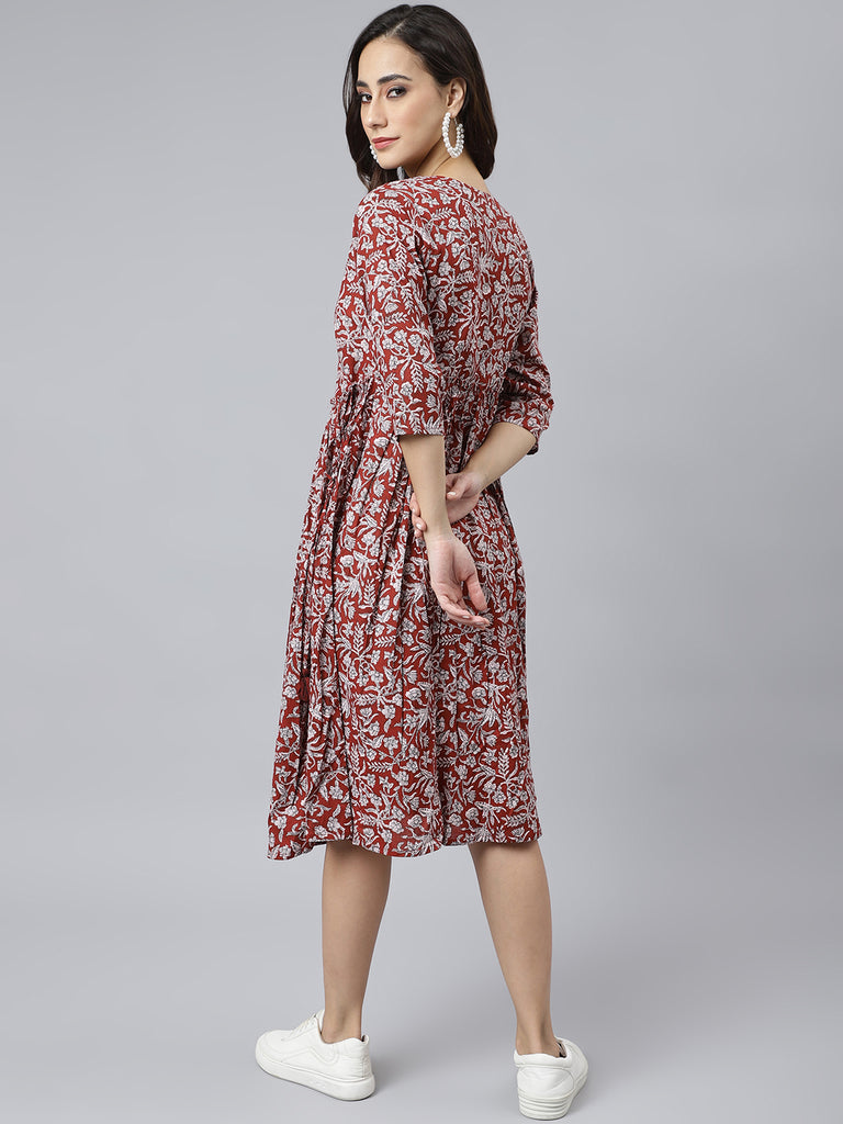 Women's Floral Printed Maroon Cotton Dress