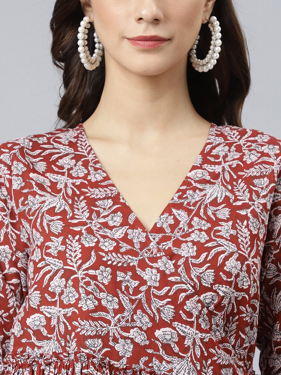 Women's Floral Printed Maroon Cotton Dress - Janasya