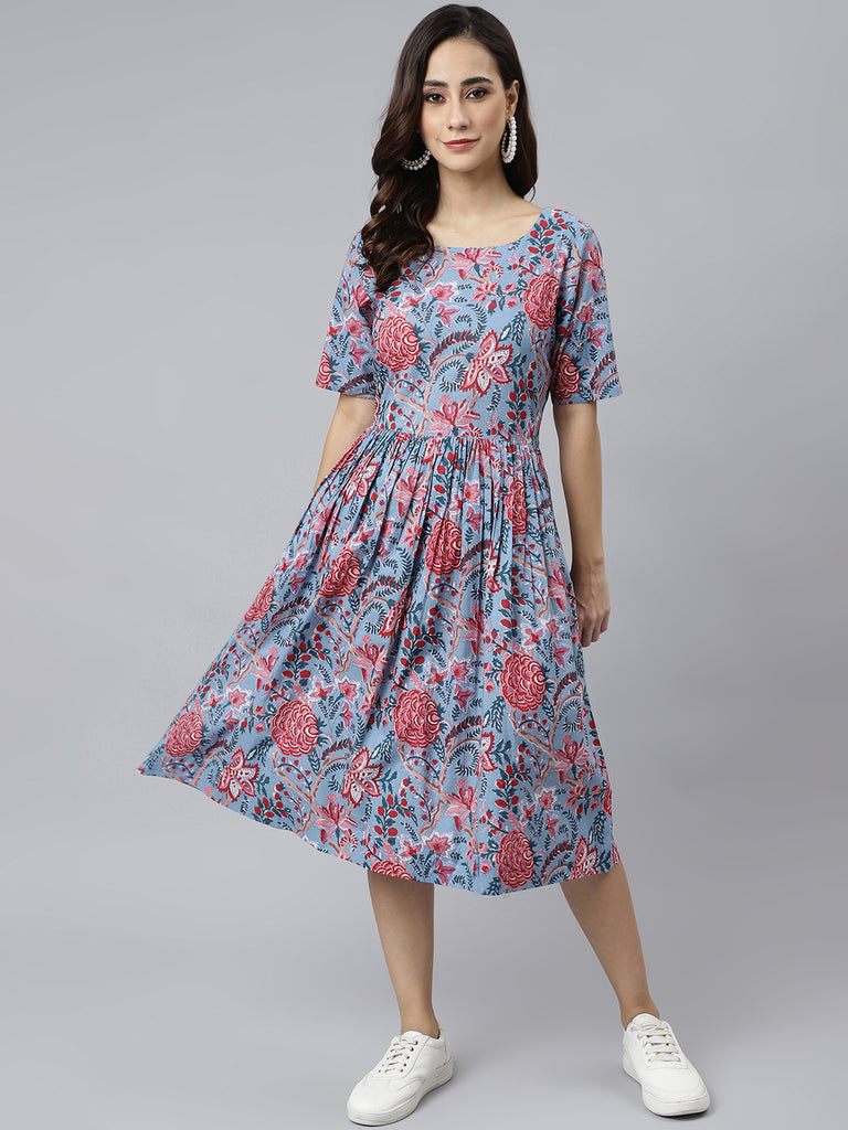 Women's Floral Printed Sky Blue Cotton Dress