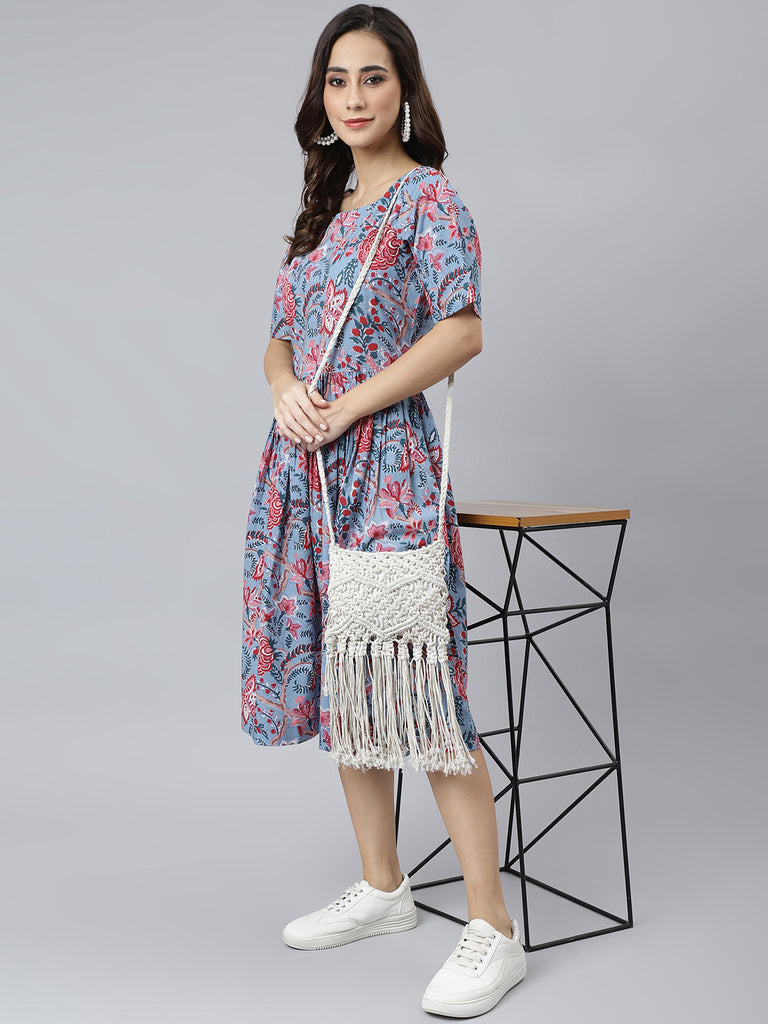 Women's Floral Printed Sky Blue Cotton Dress