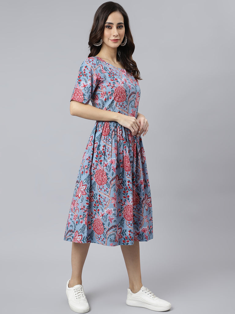 Women's Floral Printed Sky Blue Cotton Dress