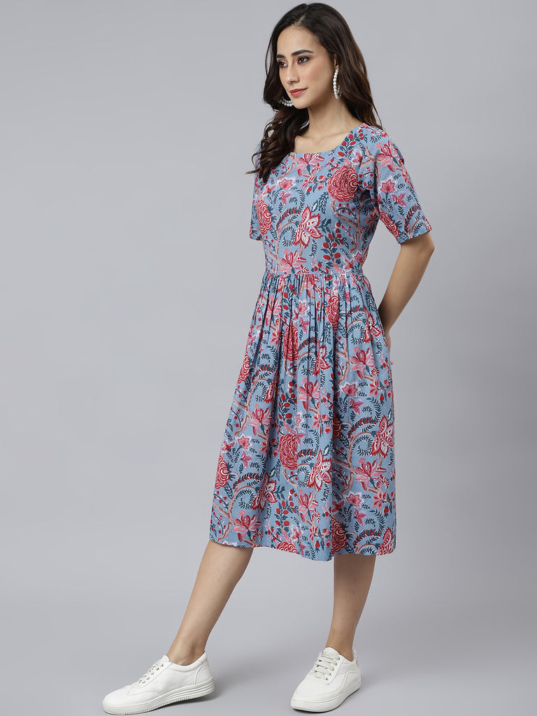 Women's Floral Printed Sky Blue Cotton Dress
