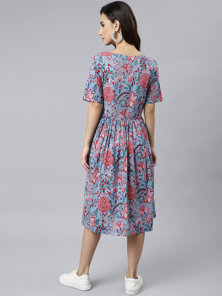 Women's Floral Printed Sky Blue Cotton Dress
