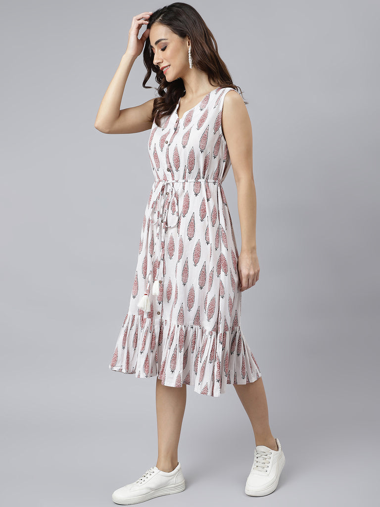Women's Ethnic Motifs White Cotton Dress