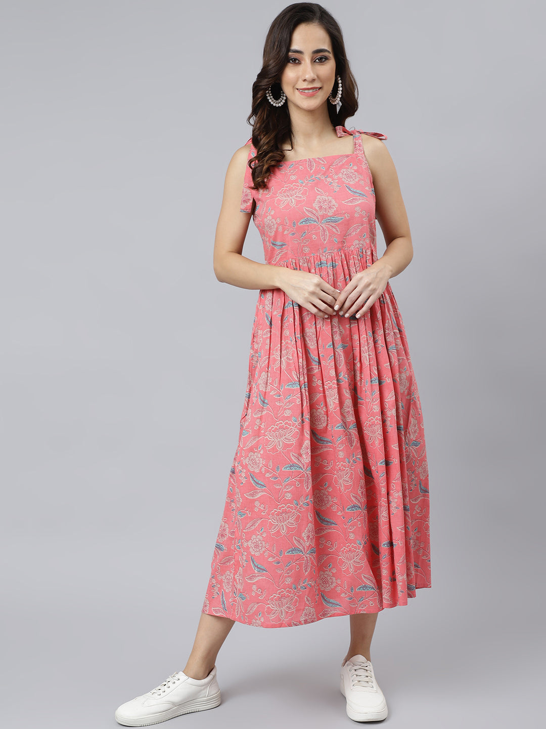 Women's Floral Printed Pink Cotton Dress - Janasya