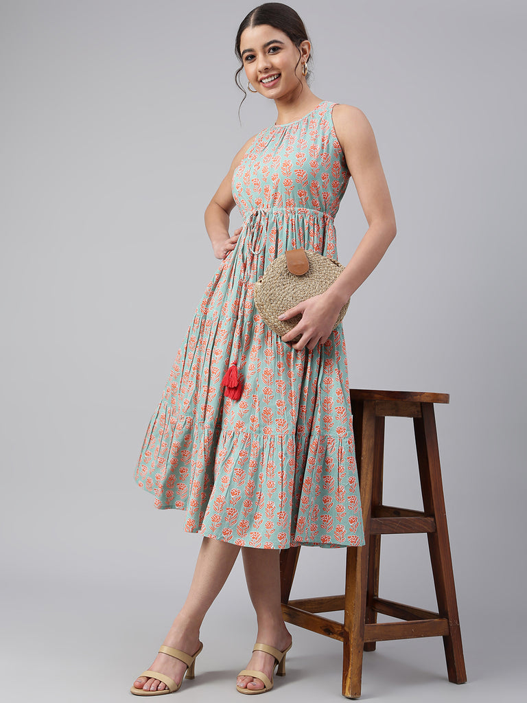 Women's Floral Printed Mint Green Cotton Dress