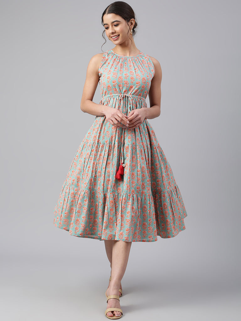 Women's Floral Printed Mint Green Cotton Dress