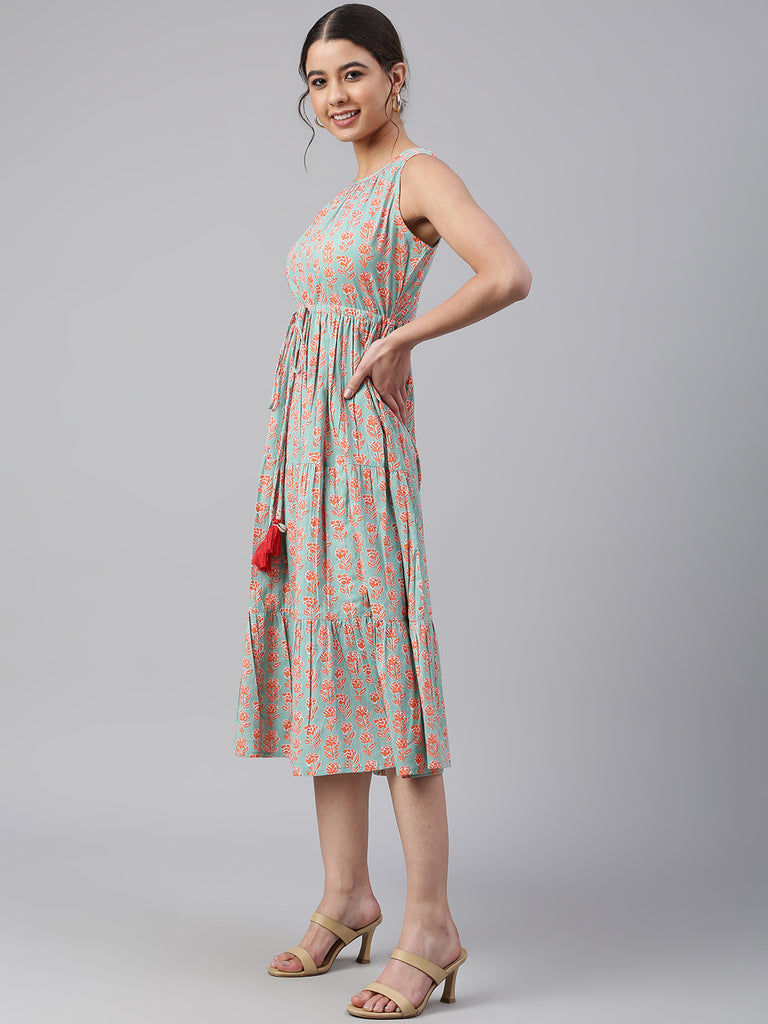 Women's Floral Printed Mint Green Cotton Dress