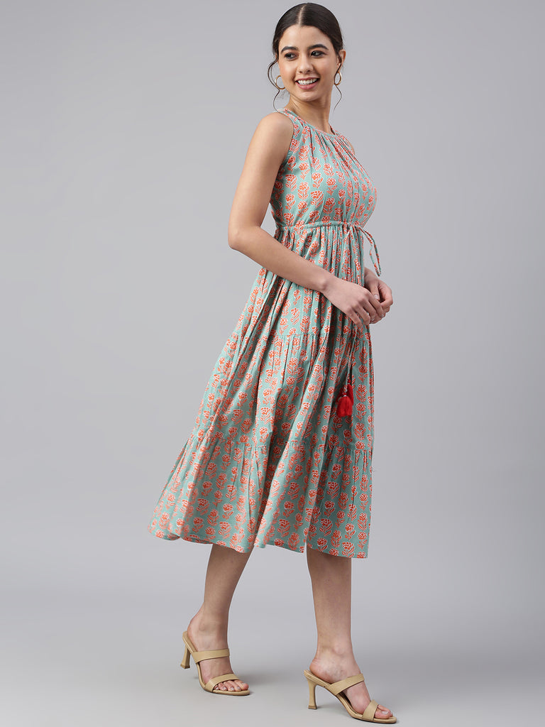 Women's Floral Printed Mint Green Cotton Dress