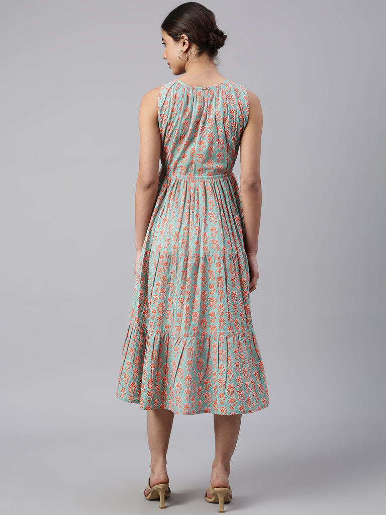 Women's Floral Printed Mint Green Cotton Dress
