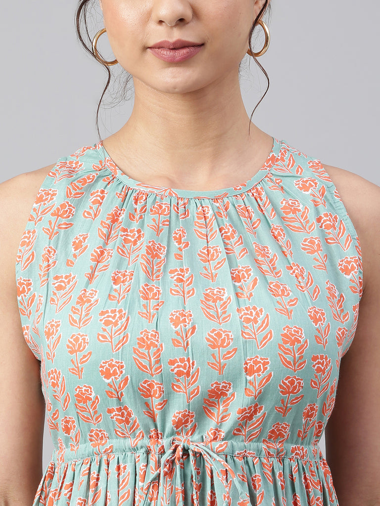 Women's Floral Printed Mint Green Cotton Dress