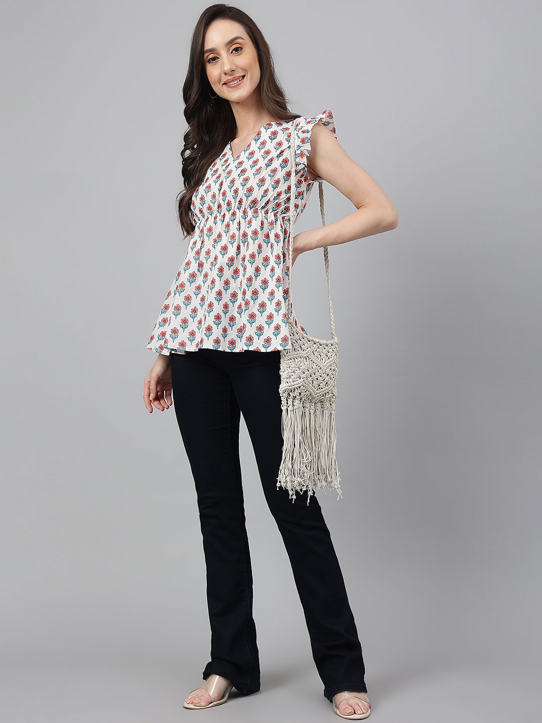 Women's Floral Print White Cotton Tops