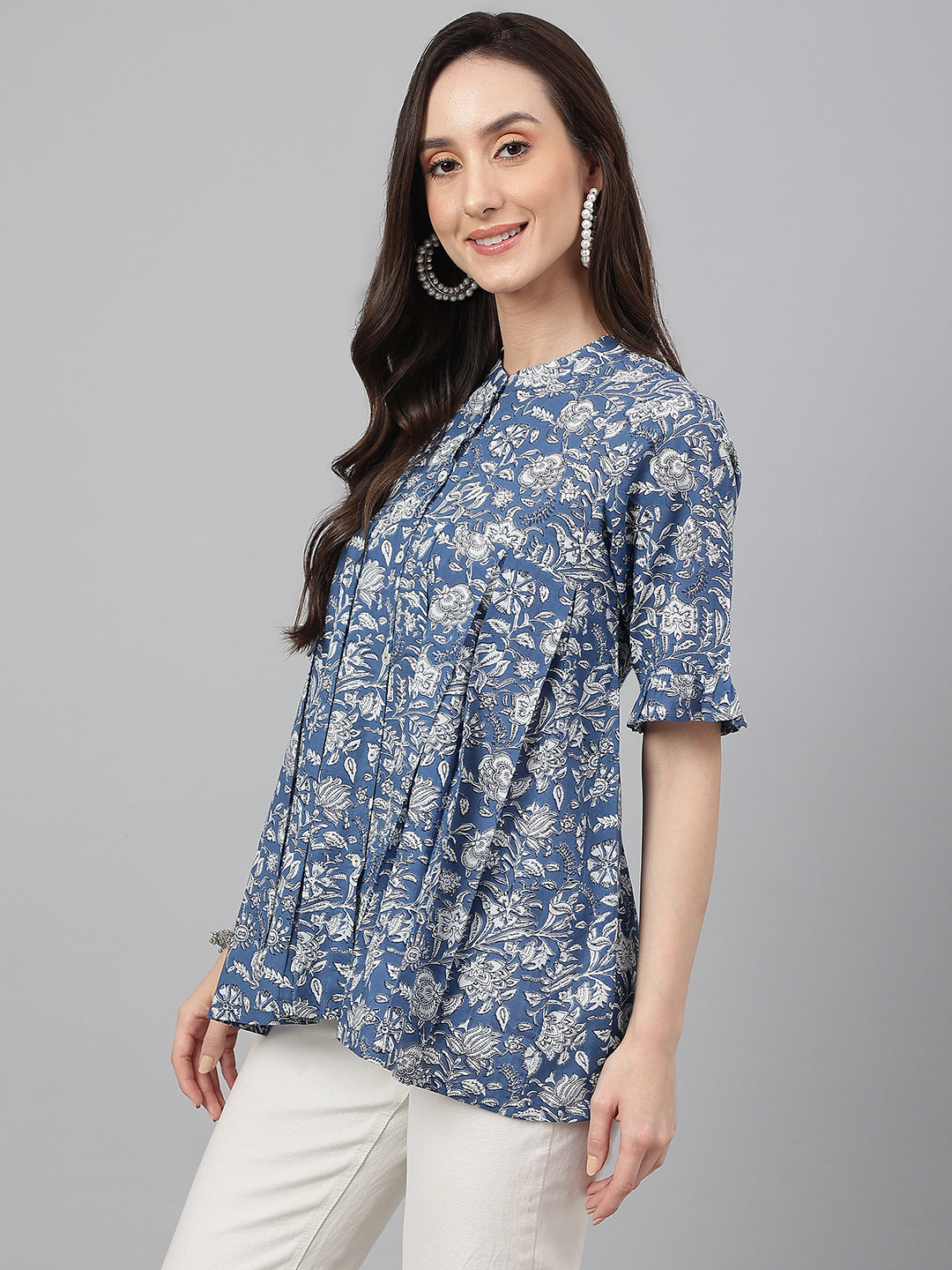 Women's Floral Print Blue Cotton Tops - Janasya
