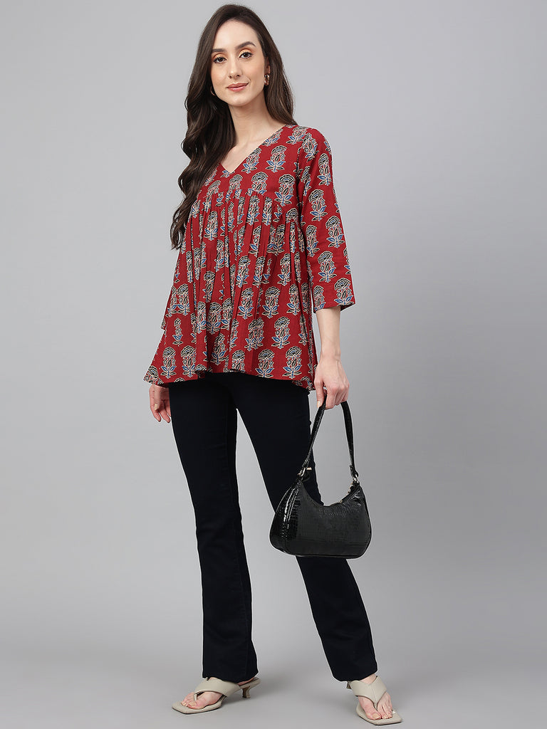 Women's Floral Block Print Maroon Cotton Tops
